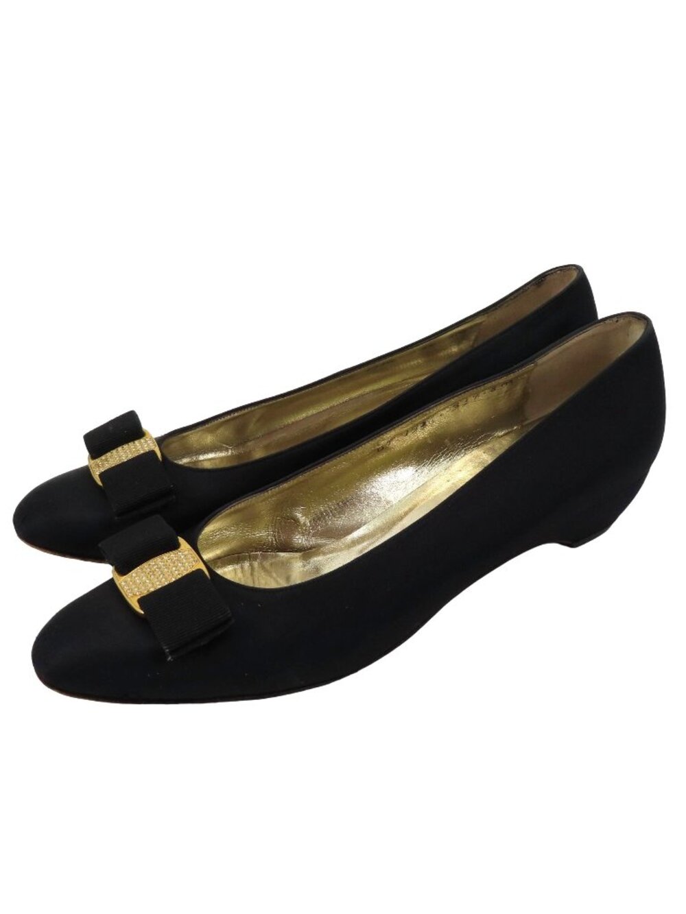 Salvatore Ferragamo Womens 8 AA Vara Gold Rhinestone Black Satin Bow Heels Shoes